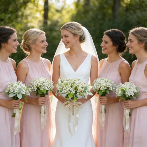 Artificial Bridesmaid Bouquets Set of 6 - Ivory White 9 Inch Flower Bouquet for Wedding Party Ceremony Anniversary Dinning Table Centerpieces Decor Faux Boho (Babys Breath & Ribbon) - color: Babys Breath
