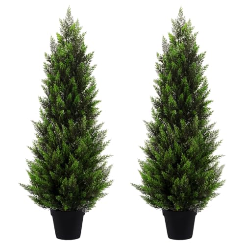 Artificial Topiary Cedar Trees 4FT Tall 2 Set, Outdoor Indoor Faux Pine Shrubs Plants, Realistic Fake Plants Front Porch Decor, Artificial Bushes Cypress for Home Front Door Offices - color: 2*pine Tree 4ft