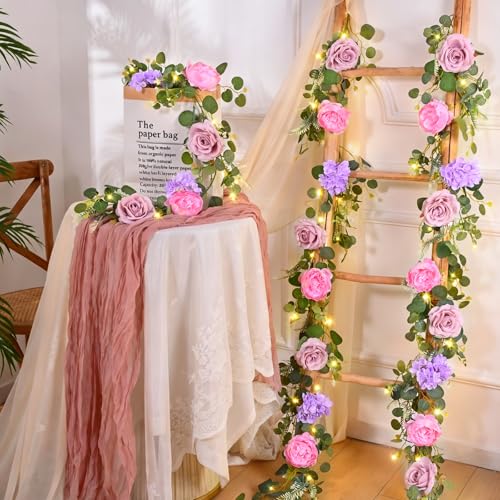 Livole 6 FT Artificial Flower Garland with Lights Pink Fake Roses Peony Floral Garland with Eucalyptus Flower Hanging Vine for Wedding Arch Table Centerpieces Backdrop Party Home Decorations - color: Pink With Light, size: 1 Pc