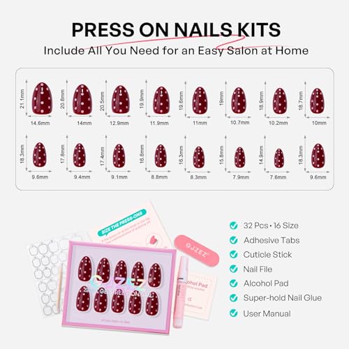 32Pcs Soft Gel Press on Nails for Women, Red Polka Dot, Short Almond | Retro Valentine Red Polka False Fake Nails Press Ons for Christmas Wear, Salon Quality Reusable Glue & Stick on Nail Gift Kit - color: 3F-Red Polka Dot