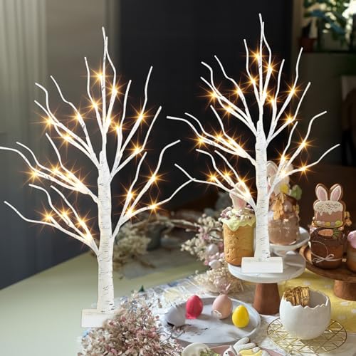 PEIDUO Home Decor, 2FT Birch Tree with LED Lights, Warm White Light up Tree Lamp, Artificial Trees for Home Table Inside, Battery Powered, Timer (2PK) - style: 2PK Birch Tree