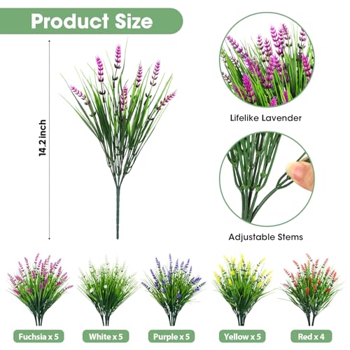 Bassion Artificial Flowers for Outdoors, 24 Bundles Fake Lavender Flowers UV Resistant Mixed Color Plastic Plants Faux Monkey Grass for Home Porch Garden Window Box Indoor Outdoor Decorations - color: Mixed Color