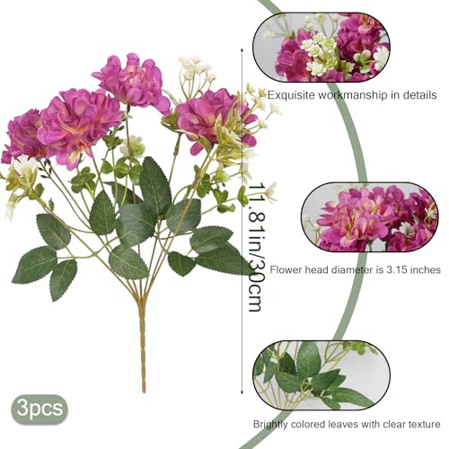 3 Pcs Silk Cemetery Flowers Artificial Geraniums for Outdoors UV Resistant Purple Artificial Topiary Potted Faux Flowers for Planters Outdoor Hanging Front Porch Garden Patio Grave Decor - color: Purple