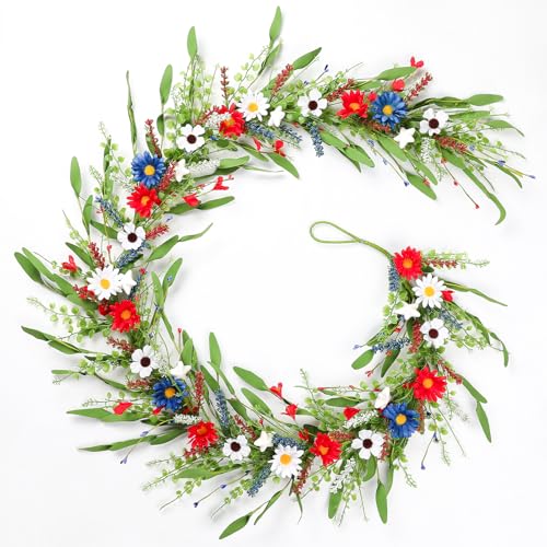 6.5Ft Patriotic Garland, Red White Blue Artificial Wildflower 4th of July Garland, Independence Day Memorial Day Floral Vine for Mantle Stair Porch Table Home Decor - color: Red White and Blue02