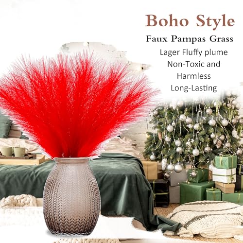Red Pampas Grass Small, 30 Pcs 17" Faux Pampas Grass Short Decor, Pompas Grass Flower Arrangement and Vase Filler for Boho Home Wedding Decoration - color: Red, size: 17'' Tall
