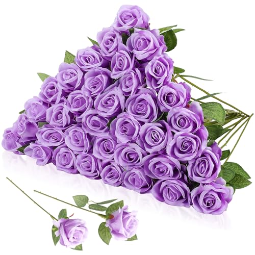 36 Pcs Silk Purple Rose Bouquet Bridal Artificial Flowers,Fake Rose Long Stem Realistic Artificial Flowers Bulk for Wedding Bouquet Ball Arrangement Centerpiece Party Decor - color: Purple
