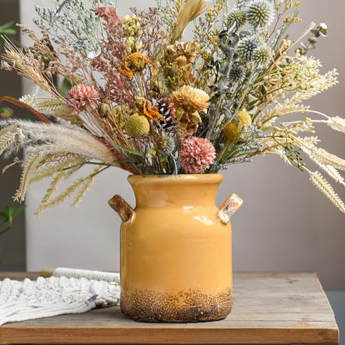 Quoowiit Ceramic Rustic Farmhouse Vase, Distressed Decorative Flower Vase for Home Decor, Ideal Shelf Decor, Yellow Boho Vases for Living Room Bedroom Kitchen Office Centerpiece Table Decorations - color: 6 Inch-yellow