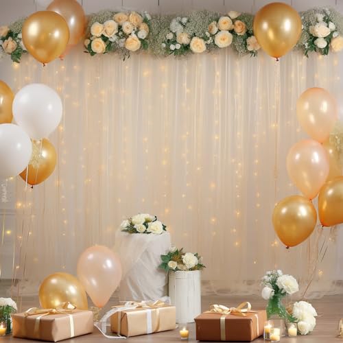 10ft x 10ft Champagne Backdrop Curtain with Lights String for Parties, Sheer Wedding Photo Backdrops Drapes for Baby Shower Birthday Party Decorations Background for Photography - color: Champagne, size: W5' x H10'(2 panels)