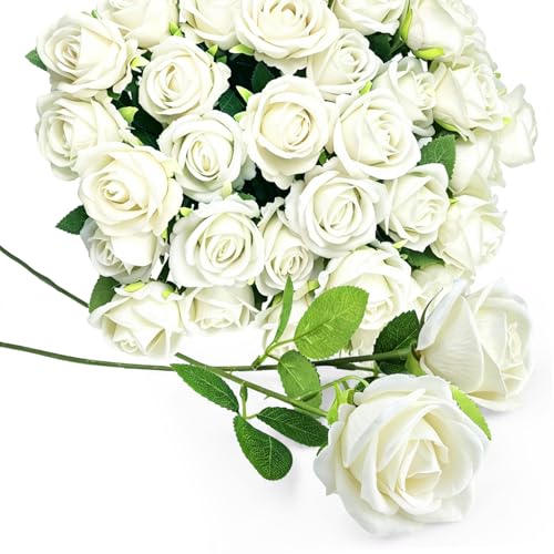 Rose Artificial Flowers Velvet Bouquet with Long Stem Real Touch Fake Roses Florals for Bridal Wedding Bouquet Party Arrangement Centerpiece Decorations (36, White) - color: White