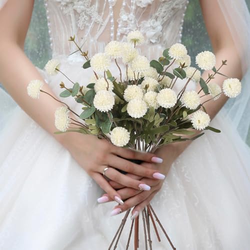 Fake Kiku Flowers,8 Stems Artificial Mum Flower with 3 Branches Eucalyptus Stems White Faux Flowers Silk Pom Pom Balls for Wedding Bouquet Home Office Party Floral Arrangements(White) - color: White