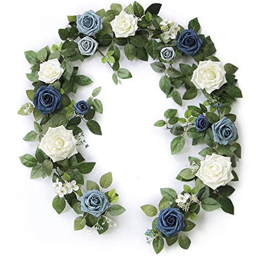 PONATIA 5FT Handcrafted Artificial Rose Flower Garland, Dusty Blue Flowers Greenery Garland for Wedding Ceremony Garlands Backdrop Arch Flowers, Ceremony Reception Table Decorations - color: Dusty Blue & Navy Blue