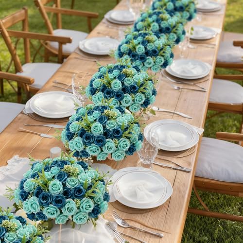 8 Pack Rose Artificial Flowers Bouquet, 10 Small Silk Rose Heads Per Pack, Fake Roses Bunches for Wedding Table Centerpieces Bridal Bouquet Mother's Day Valentine's Day Home Decor, Blue - color: Blue
