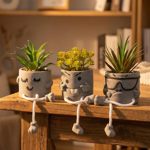 Set of 3 Artificial Succulents Potted Plants Faux Succulents Desk Decoration Fake Mini Plants in Grey Pots Faux Plants Kitchen Shelf Desk Decor Small Bathroom Decor for Shelves - color: 3set-cool