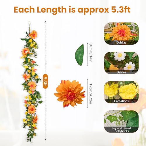 GENMOUS Artificial Dahlia Daisy Flower Garland Decor, 5.3Ft Spring/Summer Fall Garland Floral Garlands for Indoor Outdoor Home Wedding Arch Porch Stair Backdrop Year Round Decor (Yellow Orange)