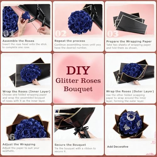 Blue Glitter Roses Bouquet Forever Flowers, 36 Pcs DIY Artificial Glitter Rose Bouquet with Bear & Butterfly, Eternal Flowers Gifts for Her, Girlfriend, Valentines, Birthday, Mother's Day - color: Fba-blue