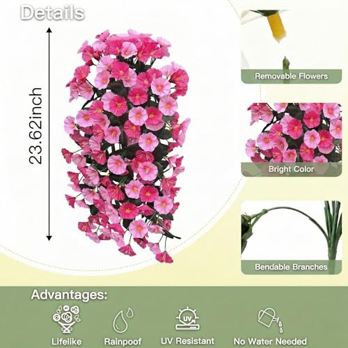 Artificial Flowers for Outdoors Fake Pink Morning Glory Hanging Flower Decoration, 2Pcs Realistic Faux Plants Petunias Long Trailing Vines,Spring Decor for Porch Patio Balcony Planter Yard - color: Morning Glory - Dobule Pink