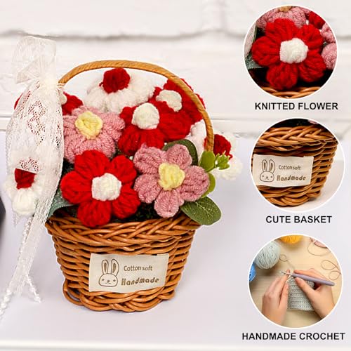 Crochet Sunflowers Bouquet, Handmade Knitted Sunflower Basketed for Mom, Friends, Teacher Appreciation Gifts, Desk Decor, Christmas, Graduation, Cute Birthday Gifts for Woman (Basket Pink-Red) - color: Basket Pink-red