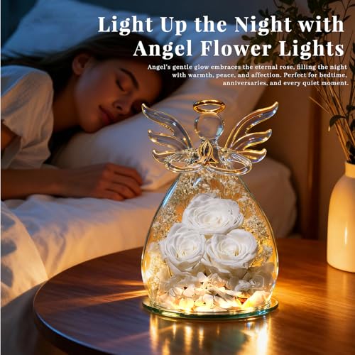 Beferr Gifts for Mom Birthday Gifts for Women, Fresh Flowers for Delivery Forever Preserved Rose in Glass Angel Figurine, Anniversary Christian Real Rose for Grandma Wife Mother from Daughter Son - color: C White