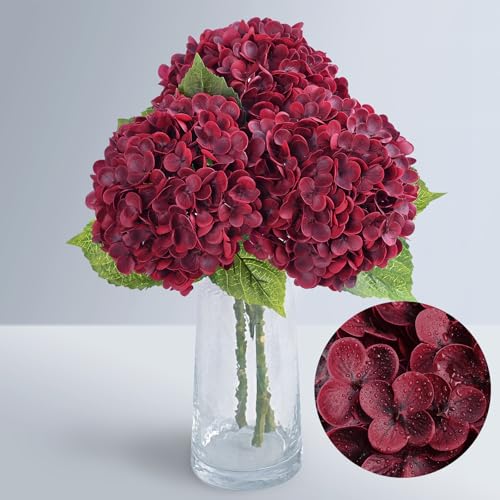 Waipfaru Red Burgundy Hydrangea Artificial Flowers, 21" Real Touch Hydrangea Flowers, Faux Hydrangea Flowers, Latex Hydrangeas All Season Fall Indoor & Outdoor Home Decor & Wedding Arrangement - color: Burgundy, size: 3pcs