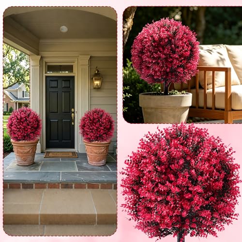27.6 Inch Red Eucalyptus Topiary Ball Trees, 2 Sets Faux Boxwood Topiary with Spikes, Pot Filler Fake Shrubs Plants for Outdoor Planters, Round Topiary Bush Balls Front Porch Home Garden Spring Decor - color: Red Boxwood