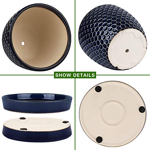 Docrin Blue Honeycomb Ceramic Plant Pot Set - 6.6"+5.5" Inch, Modern Decorative Planters with Drainage Holes & Saucers for Indoor/Outdoor Home Office - color: Blue