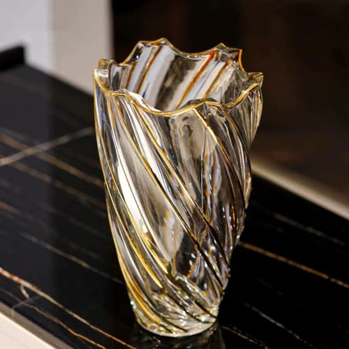 Hand Painted Gold Crystal Vase 11.2 inch Tall-Unique Whirlwind Shaped Glass Large Vase Home Office Decor for Living Room Dining Table Centerpieces, Birthday and Wedding.