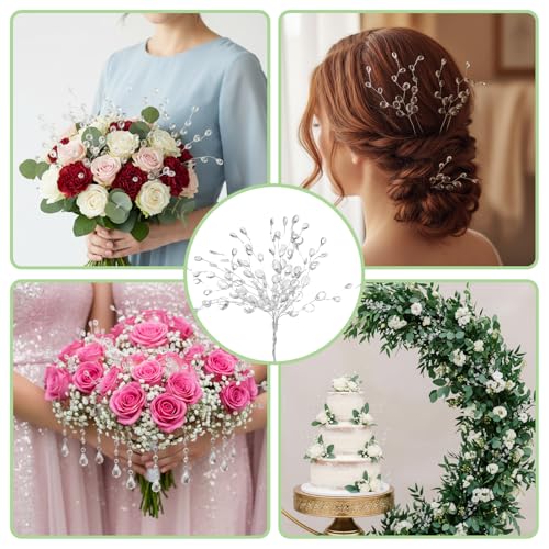 Acrylic Bead Drop Crystal Flower Stem, 60 Pcs Artificial Bouquets with 3-Prong Branches for Christmas Tree, Wedding, Bridal Decoration, DIY Crafts & Vase Arrangements