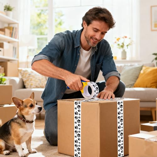 Whaline 109 Yard Dog Paw Packing Tape Waterproof Shipping Tape White Black Pet Paw Gift Wrapping Tapes for Small Business DIY Crafts Box Carton Decor - style: Black White Dog Paw