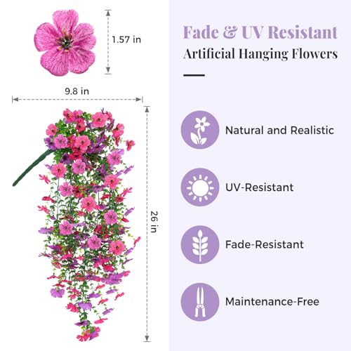2 PCS Artificial Hanging Flowers for Outdoors Decorations, Spring Summer Realistic Silk Daisy with Eucalyptus, UV Resistant Faux Plants for Patio Home Decor Window Box (Rose Red&Light Purple) - color: Purple + Hot Pink&2pcs Hanging