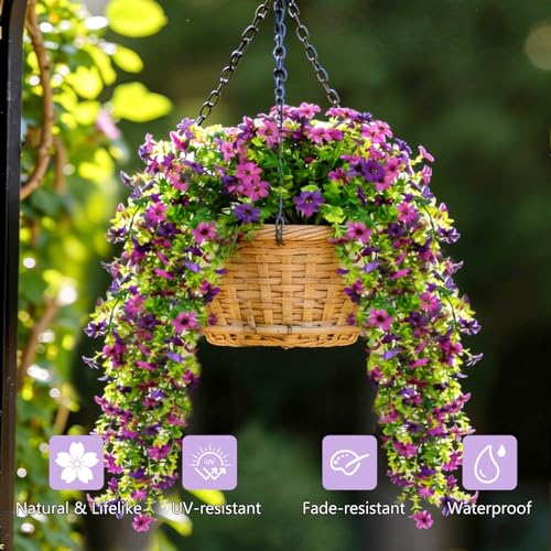 CCILAND 2 PCS Artificial Hanging Flowers for Outdoors, Fake Flower Plants UV Resistant Faux Hanging Spring Flowers for Home Porch Garden Patio Yard (Double Purple) - color: Mix Light Purple and Purple