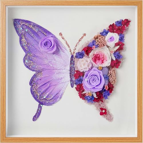 ADDWel Preserved Real Rose Butterfly Shadow Box - 12x12 3D Handmade Eternal Flower Wall Art, Unique Birthday Anniversary Purple Gifts for Women, Mom, Wife, Grandma - color: Preserved Roses - Butterfly Roses