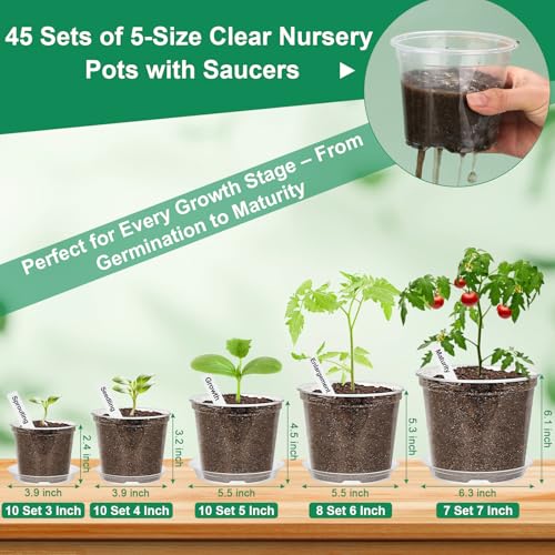 Jollidecor 45Pcs Clear Plastic Nursery Pots with Drainage Holes and Saucers, 3/4/5/6/7Inch Seedling Starter Flower Pots with Tool for Indoor Outdoor Gardening Flower, Herb, Succulent Transplanting - size: 3/4/5/6/7 Inch