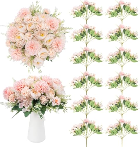 12 Bundles Artificial Peonies Bulk, Silk Fake Flowers Bouquet for Table Centerpieces Wedding Party, Spring Faux Floral for Home Decoration Indoor & Outdoor, Pink - color: Light Pink Peony