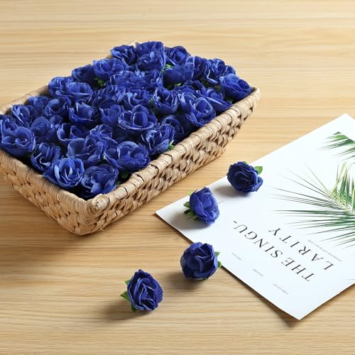 SITUMEIZI 100 Pcs 1.3 inches Mini Deep Blue Rose Head Artificial Roses Blue Flowers for Wedding Decor, Graduation Cap, Cake, DIY Flower Wall Mother's Day Home Party Decor - color: Blue