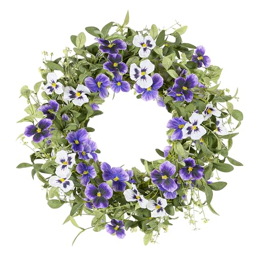 YNYLCHMX 20" Spring Summer Wreaths for Front Door, Artificial Floral Wreath with Purple Pansy Flowers Green Eucalyptus Leaves, Green Foliage Wreath for Wall Window Farmhouse Party Holiday Home Decor - color: Purple Pansy Flowers