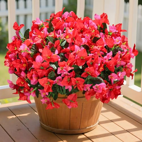 Artificial Flowers for Outdoors Outside Spring Summer Decor, 4 Bundles Silk Bougainvillea Fake Plants Faux Outdoor Flowers for Planters UV Resistant Realistic for Porch Window Garden Home, RedHotpink - color: Redhotpink