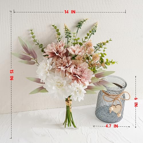 LUEUR Artificial Dahlia Flowers with Vase – Dusty Pink Faux Flower Arrangement, Elegant Floral Centerpiece Table Decorations for Coffee Table, Dining Room, Bedroom, Living Room & Farmhouse Home Decor - color: Dusty Pink