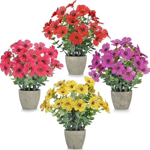 4 Pack Small Fake Plants Potted Artificial Plants Artificial Flowers Potted Faux Flower Daisy with Eucalyptus Leaves for Home Decor Office Room Farmhouse Indoor Table Bathroom Decor （Mixed） - color: 4 Mixed Colors