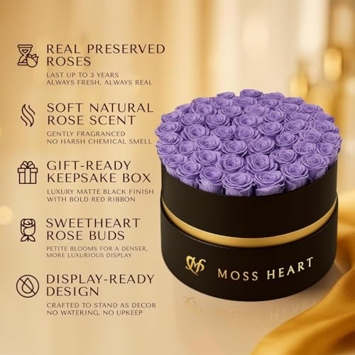 50 Petite Preserved Roses, Designer Round Box, Real Forever Roses Last 1+ Year, Premium Gift for Women, Wife, Girlfriend, Mother’s Day, Birthday, Anniversary, Valentine’s Day - color: Purple, size: 50 Roses