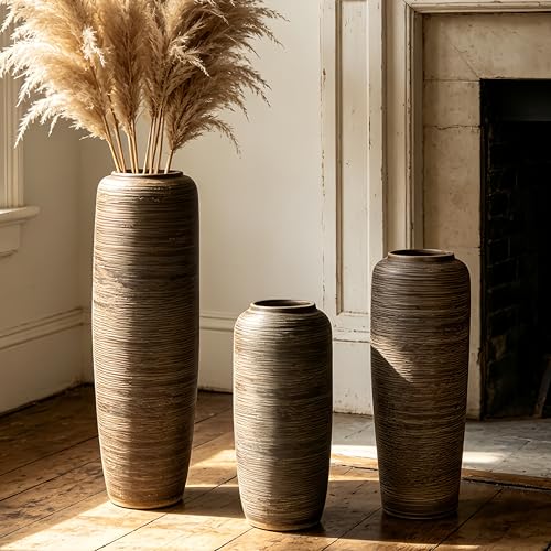 15.7 Inch Rustic Ceramic Large Floor Vase, Ribbed Textured Rustic Farmhouse Vase for Pampas Grass, Living Room & Entryway Décor, Handmade Ceramic Accent - size: 15.7 Inch