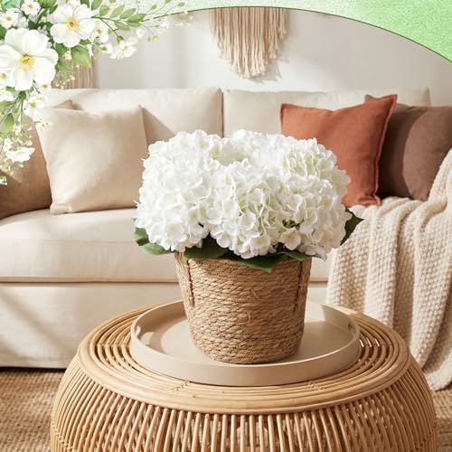 6 Pcs 14 Inch White Artificial Hydrangea Flowers with Woven Handle Basket and Floral Foam, Full Silk Fake Hydrangeas Kit for Handheld Bouquet Wedding Table Centerpieces Home Decor