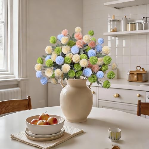 INQCMY Artificial Flowers 12 Pcs Fake Chrysanthemums Faux Kiku Flower Long Stem 20" Realistic Silk Pompon Mums for Vase Wedding Bouquets Centerpieces Home Decor (Yellow Blue Light Orange Deep Green) - color: Yellow Blue Light Orange Deep Green