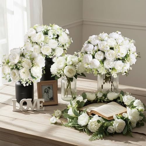 12 Bundles Peonies Artificial White Flowers Bouquet, Lifelike Silk Fake Peonies with Stems for Home Table Centerpieces, Wedding, Party & DIY Bridal Floral Arrangements (White) - color: White