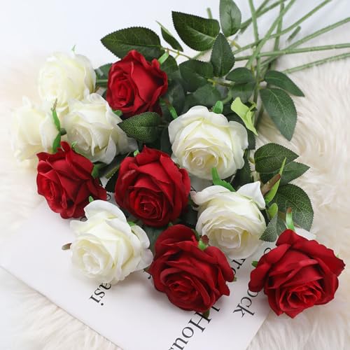 White Fake Roses Artificial Flowers - 10 Pcs Fake Artificial Roses Silk Flowers with Stems for Home Wedding Hotel Office Centerpiece Decor - color: White, size: 10 Pcs