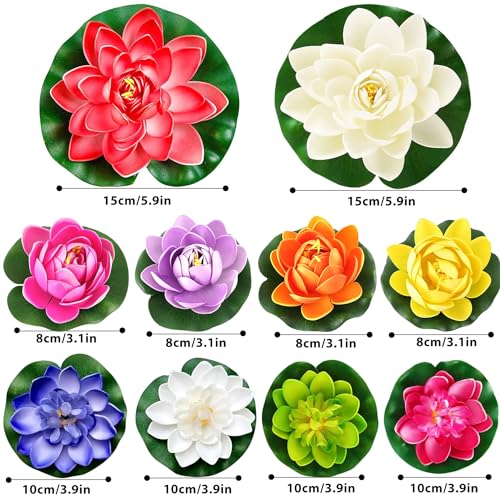 19pcs Realistic Floating Foam Lotus Flowers and Lotus Leaves, Artificial Lotus Flowers Water Lilies for Pond Pool, 4" and 6" Large Beautiful Lifelike Water Lilies for Fountain Garden Decoration - color: 19 Colourful