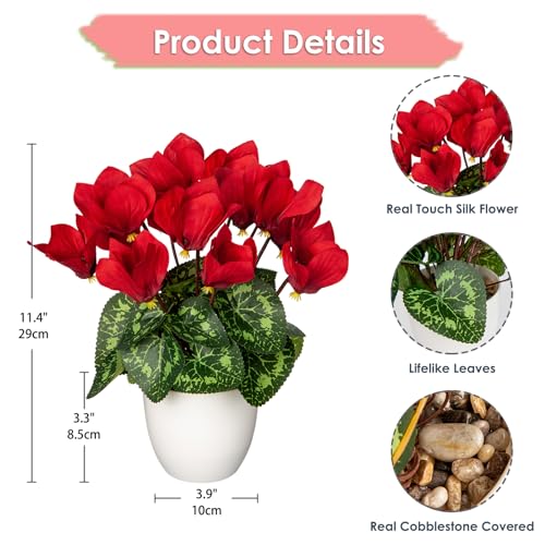 Hollyone Artificial Cyclamen Flowers Plant Potted Fake Silk Flower Plants in White Pot Faux Red Cyclamen Flowers Arrangement Home Decor Office Bathroom Shelf Desk Decorations - color: Red, size: Cyclamen Flowers