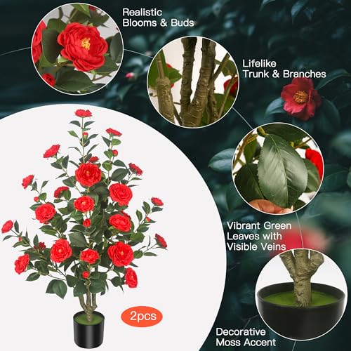 2Pack 39.37"/3.28FT Artificial Camellia Trees with 32 Red Flowers in Cement Pots – Lifelike Fake Trees for Front Porch, Home, Indoor Outdoor Spring Decor, Office or Housewarming Gifts - color: Red, size: 39.37 inchx2