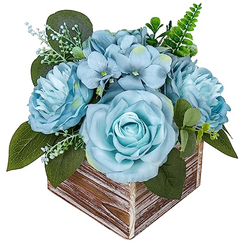 DILATATA Flower Arrangement with Wooden Vase 8" Artificial Flowers in Pot - Fake Flowers Roses Peonies Hydrangeas in Wooden Vase Potted Flower Centerpieces for Table Decor Living Room - Dusty Blue - color: 8"h Dusty Blue