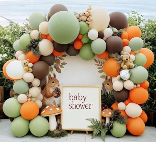 Balloon Arch Kit - Double Stuffed Dusty Green Orange Brown Beige Balloons for Neutral Baby Showers Woodland Wild One Dinosaur Birthday Decorations - color: Orange, Green, Brown