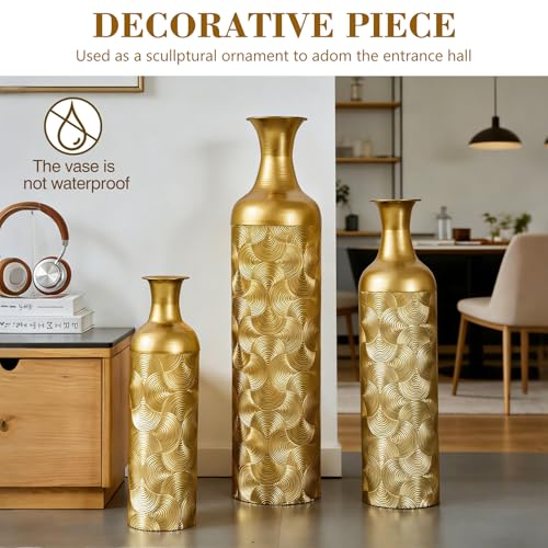 Tall Floor Vases Set of 3 for Decor Living Room Floor, White Vases Home Decor, Embossed Body Pattern, Geometric Cylinder (Gold 2) - color: Gold 2